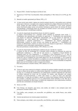 - 24 -
1. Projecto ESSA - Estudos Sociológicos da Sala de Aula.
2. Decreto-Lei nº 542/79 de 31 de Dezembro. Diário da República nº 300, I Série (31-12-1979), pp. 301-
307.
3. Baseado no modelo apresentado por Morais 1992, p. 32.
4. A classe social, neste estudo, é apenas um conceito nominal, descritivo e não analítico pois é utilizado
apenas para evidenciar o seu papel como categoria reguladora dos códigos diferenciais da família e da
escola. Sempre que sejam referidas as expressões classe trabalhadora e classe média, queremos
apenas discriminar grupos sociais com posições hierárquicas opostas dentro da estrutura de classes
correspondendo à classificação básica da sociedade em trabalho manual e não manual, geralmente
função da profissão e da habilitação académica.
5. A escala de categorização das profissões do pai e da mãe foi a seguinte:
O estatuto socio-económico foi o principal critério utilizado na construção desta escala: 1 -
Trabalhadores não especializados sem funções de supervisão; 2 - Trabalhadores não especializados
com funções de supervisão; trabalhadores especializados com ou sem funções de supervisão ou
trabalhadores por conta própria não especializados; 3 - Trabalhadores por conta própria
especializados e pequenos proprietários; 4 - Trabalhadores não manuais empregados na
administração, comércio ou outros serviços, sem funções de supervisão; 5 - Trabalhadores não
manuais na administração, comércio ou outros serviços com funções de supervisão; 6 - Profissionais
assalariados ou por conta própria, administradores e gerentes.
Para mais pormenores consultar Câmara, 1995 e Morais et al, 1993.
6. A escala de categorização das habilitações académicas do pai e da mãe foi a seguinte:
O número de anos de escolaridade foi o principal critério utilizado na construção da escala das
qualificações académicas: 1 - Não sabe ler nem escrever; 2 - Completou a Escola Primária ou
frequentou parte do Ciclo Preparatório; 3 - Completou o Ciclo Preparatório (5º e 6º anos de
escolaridade) ou frequentou alguns anos da Escola Secundária (7º e 8º anos de escolaridade); 4 - Fez o
exame do 9º ano ou completou um curso médio depois do 6º ano de escolaridade; 5 - Fez o exame do
11º ano (completou o Ensino Secundário) ou completou um curso de nível médio depois do 9º ano de
escolaridade; 6 - Completou um curso de nível médio depois do 11º ano de escolaridade ou frequentou
alguins anos da Universidade ou obteve um grau Universitário.
Para mais pormenores consultar Câmara, 1995 e Morais et al, 1993.
7. Ver anexo.
8. Tomou-se aqui como contexto de avaliação a realização de qualquer trabalho integrado neste estudo e
em que os alunos deviam aplicar os conhecimentos adquiridos: um desenho, uma actividade plástica,
um jogo, etc. A avaliação de competências e de conhecimentos científicos adquiridos por cada aluno,
no sentido tradicional do termo, não foi realizada. No entanto, cada educadora está sempre,
consciente ou inconscientemente, a avaliar cada criança e é capaz de emitir uma apreciação
generalizada. Ao longo das actividades e, quando as crianças fazem qualquer trabalho (um desenho,
por exemplo), a educadora gosta de ver se os conhecimentos foram utilizados ou não. Mas não se
analisam as realizações de cada criança, no âmbito das competências e dos conhecimentos científicos
para lhes dar continuidade com função formativa.
9. Storer et al 1982.
10. Uma formiga, um mosquito, uma mosca, uma aranha, um milpés e uma centopeia (para mais
pormenores consultar Câmara 1995).
11. Uma abelha, outra centopeia, um escaravelho, um gafanhoto, uma aranha branca, uma aranha
vermelha.
12. Animais que pertencem aos mesmos grupos taxonómicos.
13. Outra centopeia, outro milpés, outro escaravelho, uma libelinha, outra aranha, uma pulga.
 