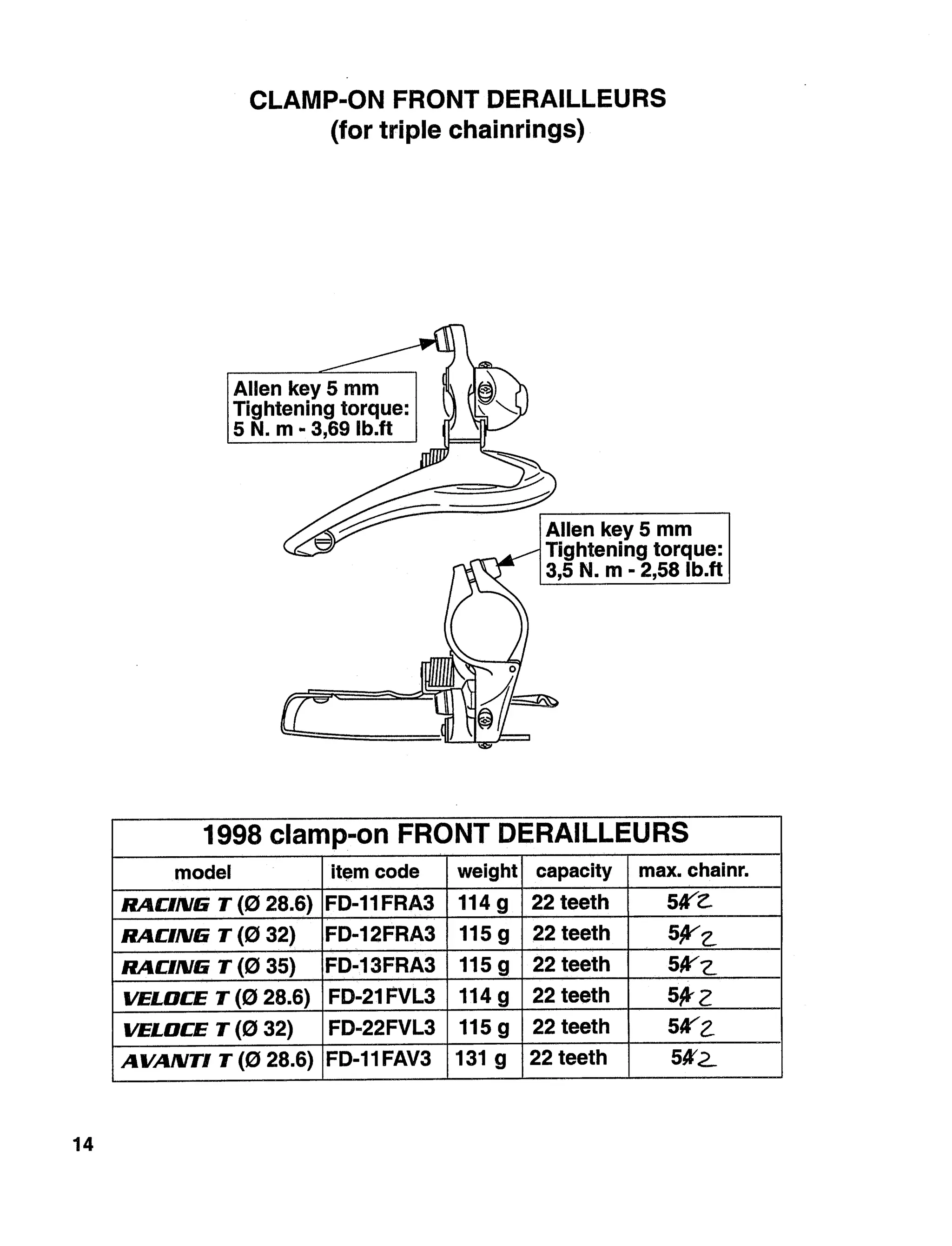 1998 tech specs bicicleta