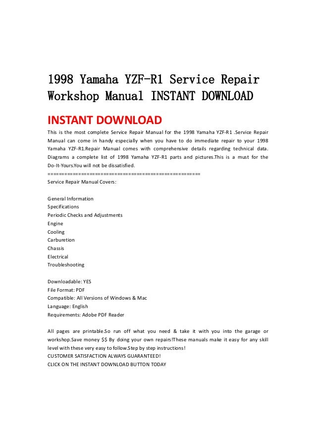 1998 yamaha yzf r1 service repair workshop manual instant download