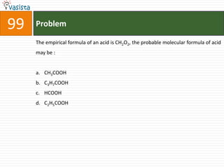 99   Problem

     The empirical formula of an acid is CH2O2, the probable molecular formula of acid
     may be :


     a. CH3COOH
     b. C3H7COOH
     c. HCOOH
     d. C2H5COOH
 