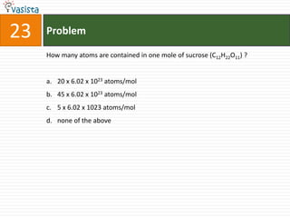 23   Problem

     How many atoms are contained in one mole of sucrose (C12H22O11) ?


     a. 20 x 6.02 x 1023 atoms/mol
     b. 45 x 6.02 x 1023 atoms/mol
     c. 5 x 6.02 x 1023 atoms/mol
     d. none of the above
 