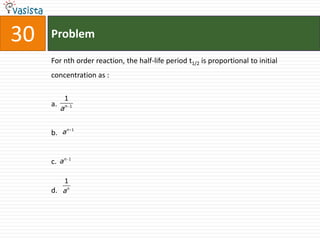 30   Problem

     For nth order reaction, the half-life period t1/2 is proportional to initial
     concentration as :

           1
     a.
          an 1

          n 1
     b. a


     c. an 1

        1
     d. an
 
