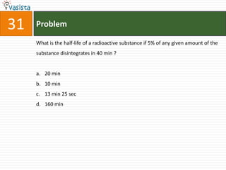 31   Problem

     What is the half-life of a radioactive substance if 5% of any given amount of the
     substance disintegrates in 40 min ?


     a. 20 min
     b. 10 min
     c. 13 min 25 sec
     d. 160 min
 