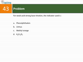 43   Problem

     For weak acid-strong base titration, the indicator used is :


     a. Phenolphthalein
     b. Litmus
     c. Methyl orange
     d. K2Cr2O7
 