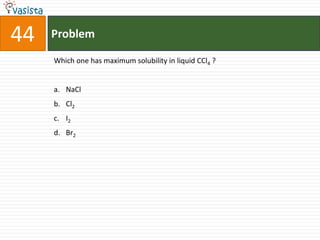 44   Problem

     Which one has maximum solubility in liquid CCl4 ?


     a. NaCl
     b. Cl2
     c. I2
     d. Br2
 