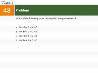 48   Problem

     Which of the following order of ionisation energy is correct ?


     a. Be > B > C > N < O
     b. B < Be > C < O < N
     c. Be > B > C > N > O
     d. B < Be < N < C < O
 