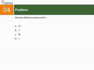 04   Problem

     Electron affinity is maximum for :


     a. Cl
     b. F
     c. Br
     d. I
 