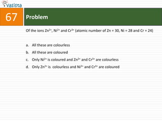 67   Problem

     Of the ions Zn2+, Ni2+ and Cr3+ (atomic number of Zn = 30, Ni = 28 and Cr = 24)


     a. All these are colourless
     b. All these are coloured
     c. Only Ni2+ is coloured and Zn2+ and Cr3+ are colourless
     d. Only Zn2+ is colourless and Ni2+ and Cr3+ are coloured
 