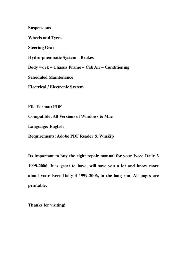 Iveco Daily 3 1999-2006 Service Repair Workshop Manual ...