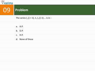 09   Problem

     The series (   2   + 1), 1, (   2 -1)…. is in   :


     a. A.P.
     b. G.P.
     c. H.P.
     d. None of these
 
