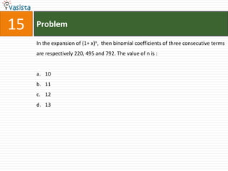 15   Problem

     In the expansion of (1+ x)n, then binomial coefficients of three consecutive terms
     are respectively 220, 495 and 792. The value of n is :


     a. 10
     b. 11
     c. 12
     d. 13
 