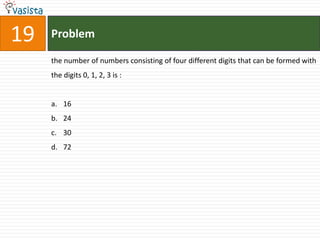 19   Problem

     the number of numbers consisting of four different digits that can be formed with
     the digits 0, 1, 2, 3 is :


     a. 16
     b. 24
     c. 30
     d. 72
 