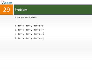 29   Problem

     If xy + yz + zx = 1, then :


     a. tan-1 x + tan-1 y + tan-1 z = 0
     b. tan-1 x + tan-1 y + tan-1 z =
     c. tan-1 x + tan-1 y + tan-1 z =   4

     d. tan-1 x + tan-1 y + tan-1 z =   2
 