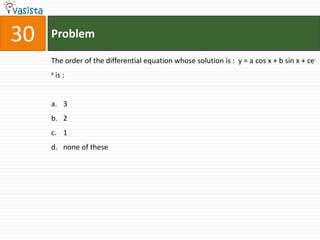 30   Problem

     The order of the differential equation whose solution is : y = a cos x + b sin x + ce-
     x   is :


     a. 3
     b. 2
     c. 1
     d. none of these
 