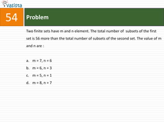 54   Problem

     Two finite sets have m and n element. The total number of subsets of the first
     set is 56 more than the total number of subsets of the second set. The value of m
     and n are :


     a. m = 7, n = 6
     b. m = 6, n = 3
     c. m = 5, n = 1
     d. m = 8, n = 7
 