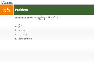 55   Problem
                               1
     The domain of   f ( x)            1   x2   is :
                              2x   1

          1
     a.     ,1
          2

     b. [- 1,    [
     c. [1,      [
     d. none of these
 
