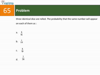 65   Problem

     three identical dice are rolled. The probability that the same number will appear
     on each of them as :


     a.   1
          6


           1
     b.   18



          1
     c.   9

            1
     d.    36
 