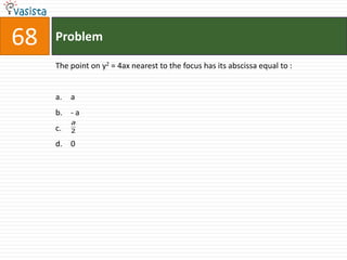 68   Problem

     The point on y2 = 4ax nearest to the focus has its abscissa equal to :


     a.   a
     b. - a
          a
     c.   2

     d. 0
 