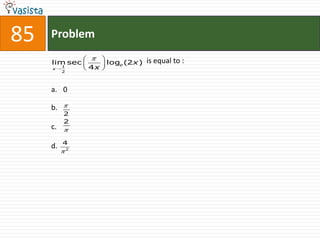 85   Problem

     lim sec           loge (2x )   is equal to :
     x
          1       4x
          2




     a. 0

     b.
          2
          2
     c.
          4
     d.       2
 