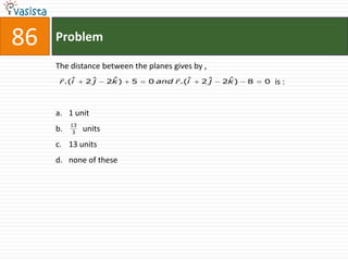 86   Problem

     The distance between the planes gives by ,
                       ˆ                            ˆ
      r .(ˆ
          i    2ˆ
                j      2k )   5   0 and r .(ˆ
                                            i   2ˆ
                                                 j   2k )   8   0   is :


     a. 1 unit
          13
     b.    3
               units
     c. 13 units
     d. none of these
 