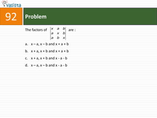 92   Problem

     The factors of   x    a   b     are :
                      a   x    b
                      a   b    x

     a. x – a, x – b and x + a + b
     b. x + a, x + b and x + a + b
     c. x + a, x + b and x - a - b
     d. x – a, x – b and x - a - b
 