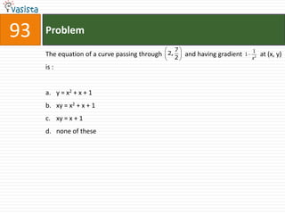 93   Problem
                                                    7                             1
     The equation of a curve passing through   2,       and having gradient   1        at (x, y)
                                                    2                             x2
     is :


     a. y = x2 + x + 1
     b. xy = x2 + x + 1
     c. xy = x + 1
     d. none of these
 