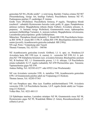 geniculata NZ 98 („Weiße smithi“ → wird riesig. Rarität); Vitalius critatus NZ 987
(Neuentdeckung, riesige Art, knallige Farben); Poecilotheria formosa NZ 97;
Psalmopoeus pulcher; P. cambridgei; P. irminia
Große Tiere (Weibchen): Poecilotheria formosa, P regalis, Theraphosa blondi
(zuchtreif / subadult) Hysterocrates hercules (sehr groß); H. gigas; Pamphobeteus
antinous (selten); Megaphobema robusta (bunte Farben); Avicularia urticans; A.
purpurea; A. huriana( riesige Weibchen); Grammonstola rosea; Aphonopelma
seemanni (farbkräftige Variante); A. stoicum (selten); Megaphobema velvetosoma;
Lasiodorides polycospulatus: große Geißelspinnen.
Männchen: Theraphosa blondi (subadult); T. blondi RH 3/99; Poecilotheria formo-
sa RH 10/98; P. ornata RH 11/98; P. rufilata RH 1/99; Brazilopelma coloratovillo-
summ (juvenil); Acanthoscurria geniculta (subadult RH 2/99));
NN zzgl. Porto / Verpackung oder Tausch
Thomas Vinmann, Tel,: 021551 – 540766

NZ Acanthoscurria geniculata (versch. Größen); 1,1 A. spec. ex. Honduras;1,0
Avicularia laeta, RH 3/99 (syn. A. caesia); A . versicolor NZ 5/99; 0,1 A. pul-
chra;NZ 7/98 Iridoplema hirsutum (syn. avicularia hiirsuta); Brachypelma auratum
NZ, B boehmei NZ; 1,1 Grammostola grossa; 1,1 G. alticeps; 1,0 Poecilotheria
ornata (subadult): 0,1 P. regalis (subadult); NZ 4/99 Pterinochilus spec. Tanzania;
Tapinauchenius gigas NZ 5/99.
Andeas Halbig, Tel.: 023383-61277 oder 65922 (/nur Wochenende)

NZ von Avicularia versicolor 5/99, A. metallica 7/99, Acanthoscurria geniculata
6/99; 1,0 Grammostola pulchra adult zur Verpaarung (1/2 Kokon).
Thomas Jansen, Tel.: 02203-57363

NZ von Paraphysa spec. blau (syn. Euathlus pulcherimaklaasi) 7/99, Avicularia
versicolor 5/99; 1,0 Poecilotheria fasciata; 1,0 P. regalis (beide adult) zur Verpaa-
rung (1/2 Kokon).
Volker Bier, Tel.: 0221-881115

2,0 Ephebopus murinus, Lasiodora striatipes NZ 98, Grammostola rosea NZ 98,
Hysterocrates gigas NZ 99, Wandelnde Blätter (3 Arten), Riesenheuschrecke (T.
collaris) Larven.


                                         11
 