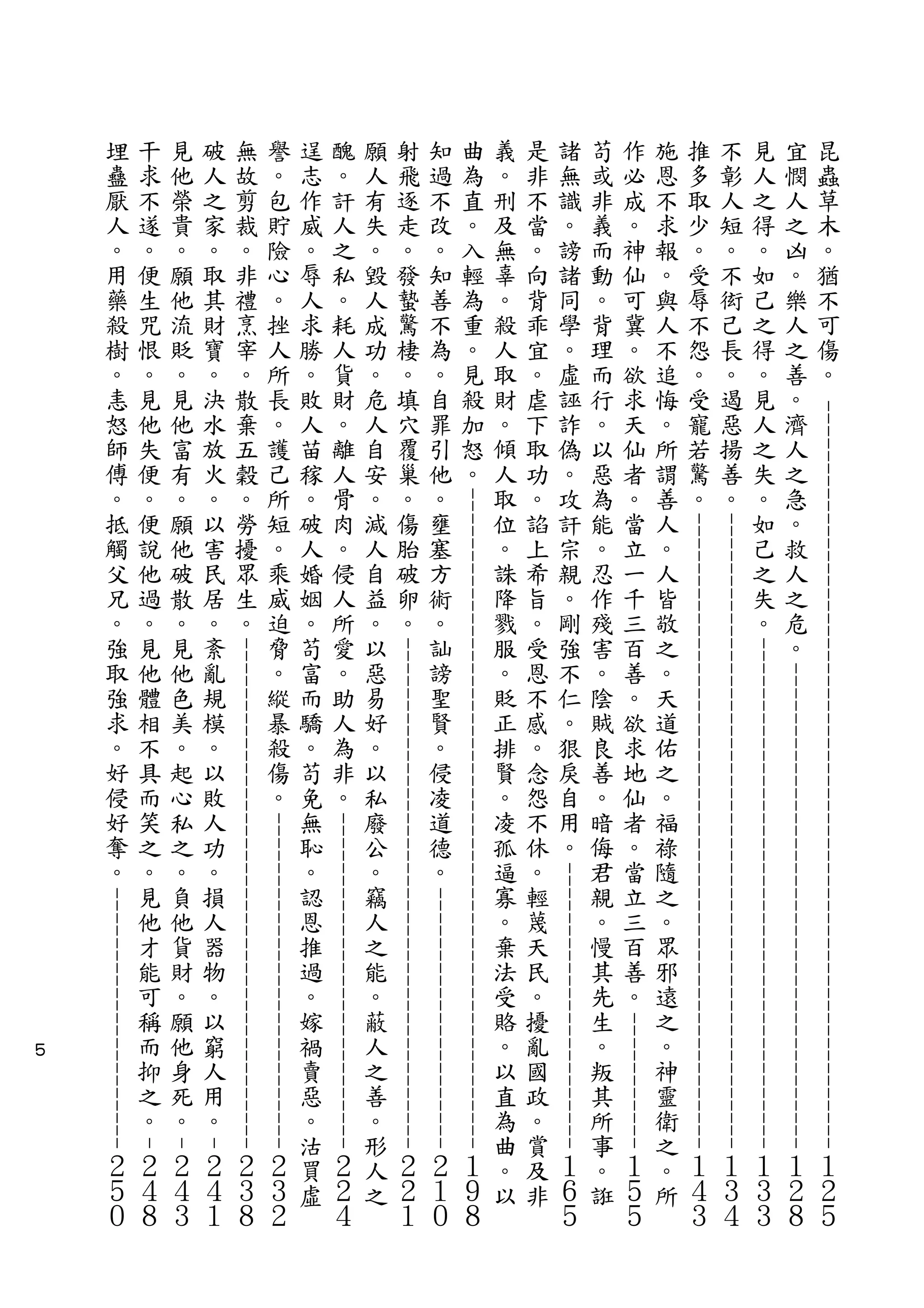 - - - - - - - - - - - - - - - - - - - - - -        - - -       - - -       - - -       - - -       - - -       - - -       - - -       - - -       - - -       - - -       - - -       - - -      - -
                                                                                       -   - - -       - - -       - - -       - - -       - - -       - - -       - - -       - - -       - - -       - - -       - - -       - - -       - -
昆
    蟲
        草
            木
                。
                    猶
                        不
                            可
                                傷
                                    。




                                                                                                                                                                                                                                           １
                                                                                                                                                                                                                                                    ２
                                                                                                                                                                                                                                                        ５
                                                                                   - - -    - - -       - - -       - - -       - - -       - - -       - - -       - - -       - - -       - - -       - - -       - - -       - - -       - -
宜
    憫
        人
            之
                凶
                    。
                        樂
                            人
                                之
                                    善
                                        。
                                            濟
                                                人
                                                    之
                                                        急
                                                            。
                                                                救
                                                                    人
                                                                        之
                                                                            危
                                                                                。




                                                                                                                                                                                                                                           １
                                                                                                                                                                                                                                                    ２
                                                                                                                                                                                                                                                        ８
                                                              - - - - - - - - - - - - -      - - -       - - -       - - -       - - -       - - -       - - -       - - -       - - -       - - -       - - -       - - -       - - -       - -
見
    人
        之
            得
                。
                    如
                        己
                            之
                                得
                                    。
                                        見
                                            人
                                                之
                                                    失
                                                        。
                                                            如
                                                                己
                                                                    之
                                                                        失
                                                                            。




                                                                                                                                                                                                                                           １
                                                                                                                                                                                                                                                    ３
                                                                                                                                                                                                                                                        ３
                                                               - - - - - - - - - - - - -      - - -       - - -       - - -       - - -       - - -       - - -       - - -       - - -       - - -       - - -       - - -       - - -    - -
不
    彰
        人
            短
                。
                    不
                        衒
                            己
                                長
                                    。
                                        遏
                                            惡
                                                揚
                                                    善
                                                        。




                                                                                                                                                                                                                                           １
                                                                                                                                                                                                                                                    ３
                                                                                                                                                                                                                                                        ４
推
    多
        取
            少
                。
                    受
                        辱
                            不
                                怨
                                    。
                                        受
                                            寵
                                                若
                                                    驚
                                                        。




                                                                                                                                                                                                                                           １
                                                                                                                                                                                                                                                    ４
                                                                                                                                                                                                                                                        ３
                                                                                                                                                                                                       - - - - - - - - - - -
施
    恩
        不
            求
                報
                    。
                        與
                            人
                                不
                                    追
                                        悔
                                            。
                                                所
                                                    謂
                                                        善
                                                            人
                                                                。
                                                                    人
                                                                        皆
                                                                            敬
                                                                                之
                                                                                    。
                                                                                        天
                                                                                             道
                                                                                                       佑
                                                                                                              之
                                                                                                                     。
                                                                                                                               福
                                                                                                                                      祿
                                                                                                                                             隨
                                                                                                                                                       之
                                                                                                                                                              。
                                                                                                                                                                     眾
                                                                                                                                                                               邪
                                                                                                                                                                                      遠
                                                                                                                                                                                             之
                                                                                                                                                                                                       。
                                                                                                                                                                                                             神
                                                                                                                                                                                                                     靈
                                                                                                                                                                                                                               衛
                                                                                                                                                                                                                                     之
                                                                                                                                                                                                                                              。
                                                                                                                                                                                                                                                    所
作
    必
        成
            。
                神
                    仙
                        可
                            冀
                                。
                                    欲
                                        求
                                            天
                                                仙
                                                    者
                                                        。
                                                            當
                                                                立
                                                                    一
                                                                        千
                                                                            三
                                                                                百
                                                                                    善
                                                                                        。
                                                                                             欲
                                                                                                       求
                                                                                                              地
                                                                                                                     仙
                                                                                                                               者
                                                                                                                                      。
                                                                                                                                             當
                                                                                                                                                       立
                                                                                                                                                              三
                                                                                                                                                                     百
                                                                                                                                                                               善
                                                                                                                                                                                      。




                                                                                                                                                                                                                                           １
                                                                                                                                                                                                                                                    ５
                                                                                                                                                                                                                                                        ５
                                                                                                                                                       - - - - - - - - - - - - - - - - - - - - - - -
苟
    或
        非
            義
                而
                    動
                        。
                            背
                                理
                                    而
                                        行
                                            。
                                                以
                                                    惡
                                                        為
                                                            能
                                                                。
                                                                    忍
                                                                        作
                                                                            殘
                                                                                害
                                                                                    。
                                                                                        陰
                                                                                             賊
                                                                                                       良
                                                                                                              善
                                                                                                                     。
                                                                                                                               暗
                                                                                                                                      侮
                                                                                                                                             君
                                                                                                                                                       親
                                                                                                                                                              。
                                                                                                                                                                     慢
                                                                                                                                                                               其
                                                                                                                                                                                      先
                                                                                                                                                                                             生
                                                                                                                                                                                                       。
                                                                                                                                                                                                             叛
                                                                                                                                                                                                                     其
                                                                                                                                                                                                                               所
                                                                                                                                                                                                                                     事
                                                                                                                                                                                                                                              。
                                                                                                                                                                                                                                                    誑
諸
    無
        識
            。
                謗
                    諸
                        同
                            學
                                。
                                    虛
                                        誣
                                            詐
                                                偽
                                                    。
                                                        攻
                                                            訐
                                                                宗
                                                                    親
                                                                        。
                                                                            剛
                                                                                強
                                                                                    不
                                                                                        仁
                                                                                             。
                                                                                                       狠
                                                                                                              戾
                                                                                                                     自
                                                                                                                               用
                                                                                                                                      。




                                                                                                                                                                                                                                           １
                                                                                                                                                                                                                                                    ６
                                                                                                                                                                                                                                                        ５
是
    非
        不
            當
                。
                    向
                        背
                            乖
                                宜
                                    。
                                        虐
                                            下
                                                取
                                                    功
                                                        。
                                                            諂
                                                                上
                                                                    希
                                                                        旨
                                                                            。
                                                                                受
                                                                                    恩
                                                                                        不
                                                                                             感
                                                                                                       。
                                                                                                              念
                                                                                                                     怨
                                                                                                                               不
                                                                                                                                      休
                                                                                                                                             。
                                                                                                                                                       輕
                                                                                                                                                              蔑
                                                                                                                                                                     天
                                                                                                                                                                               民
                                                                                                                                                                                      。
                                                                                                                                                                                             擾
                                                                                                                                                                                                       亂
                                                                                                                                                                                                             國
                                                                                                                                                                                                                     政
                                                                                                                                                                                                                               。
                                                                                                                                                                                                                                     賞
                                                                                                                                                                                                                                              及
                                                                                                                                                                                                                                                    非
                                                            - - - - - - - - - - - - - - - - - - - - - - - - - - - - - - - - - - - - - - - - - - - - - - - - - - - - -
義
    。
        刑
            及
                無
                    辜
                        。
                            殺
                                人
                                    取
                                        財
                                            。
                                                傾
                                                    人
                                                        取
                                                            位
                                                                。
                                                                    誅
                                                                        降
                                                                            戮
                                                                                服
                                                                                    。
                                                                                        貶
                                                                                             正
                                                                                                       排
                                                                                                              賢
                                                                                                                     。
                                                                                                                               凌
                                                                                                                                      孤
                                                                                                                                             逼
                                                                                                                                                       寡
                                                                                                                                                              。
                                                                                                                                                                     棄
                                                                                                                                                                               法
                                                                                                                                                                                      受
                                                                                                                                                                                             賂
                                                                                                                                                                                                       。
                                                                                                                                                                                                             以
                                                                                                                                                                                                                     直
                                                                                                                                                                                                                               為
                                                                                                                                                                                                                                     曲
                                                                                                                                                                                                                                              。
                                                                                                                                                                                                                                                    以
                                                                                                                            - - - - - - - - - - - - - - - - - - - - -
曲
    為
        直
            。
                入
                    輕
                        為
                            重
                                。
                                    見
                                        殺
                                            加
                                                怒
                                                    。




                                                                                                                                                                                                                                           １
                                                                                                                                                                                                                                                    ９
                                                                                                                                                                                                                                                        ８
                                                                                    - - - - - - - - - - - - - - - - - - - - - - - - - - - - - - - - - - - - - - - - -
知
    過
        不
            改
                。
                    知
                        善
                            不
                                為
                                    。
                                        自
                                            罪
                                                引
                                                    他
                                                        。
                                                            壅
                                                                塞
                                                                    方
                                                                        術
                                                                            。
                                                                                訕
                                                                                    謗
                                                                                        聖
                                                                                             賢
                                                                                                       。
                                                                                                              侵
                                                                                                                     凌
                                                                                                                               道
                                                                                                                                      德
                                                                                                                                             。




                                                                                                                                                                                                                                           ２
                                                                                                                                                                                                                                                    １
                                                                                                                                                                                                                                                        ０
射
    飛
        逐
            走
                。
                    發
                        蟄
                            驚
                                棲
                                    。
                                        填
                                            穴
                                                覆
                                                    巢
                                                        。
                                                            傷
                                                                胎
                                                                    破
                                                                        卵
                                                                            。




                                                                                                                                                                                                                                           ２
                                                                                                                                                                                                                                                    ２
                                                                                                                                                                                                                                                        １
                                                                                                                                       - - - - - - - - - - - - - - - - - - - - - - - - - - -
願
    人
        有
            失
                。
                    毀
                        人
                            成
                                功
                                    。
                                        危
                                            人
                                                自
                                                    安
                                                        。
                                                            減
                                                                人
                                                                    自
                                                                        益
                                                                            。
                                                                                以
                                                                                    惡
                                                                                        易
                                                                                             好
                                                                                                       。
                                                                                                              以
                                                                                                                     私
                                                                                                                               廢
                                                                                                                                      公
                                                                                                                                             。
                                                                                                                                                       竊
                                                                                                                                                              人
                                                                                                                                                                     之
                                                                                                                                                                               能
                                                                                                                                                                                      。
                                                                                                                                                                                             蔽
                                                                                                                                                                                                       人
                                                                                                                                                                                                             之
                                                                                                                                                                                                                     善
                                                                                                                                                                                                                               。
                                                                                                                                                                                                                                     形
                                                                                                                                                                                                                                              人
                                                                                                                                                                                                                                                    之
醜
    。
        訐
            人
                之
                    私
                        。
                            耗
                                人
                                    貨
                                        財
                                            。
                                                離
                                                    人
                                                        骨
                                                            肉
                                                                。
                                                                    侵
                                                                        人
                                                                            所
                                                                                愛
                                                                                    。
                                                                                        助
                                                                                             人
                                                                                                       為
                                                                                                              非
                                                                                                                     。




                                                                                                                                                                                                                                           ２
                                                                                                                                                                                                                                                    ２
                                                                                                                                                                                                                                                        ４
                                                                                                                - - - - - - - - - - - - - - - - - - - - - - - - - - -
逞
    志
        作
            威
                。
                    辱
                        人
                            求
                                勝
                                    。
                                        敗
                                            人
                                                苗
                                                    稼
                                                        。
                                                            破
                                                                人
                                                                    婚
                                                                        姻
                                                                            。
                                                                                苟
                                                                                    富
                                                                                        而
                                                                                             驕
                                                                                                       。
                                                                                                              苟
                                                                                                                     免
                                                                                                                               無
                                                                                                                                      恥
                                                                                                                                             。
                                                                                                                                                       認
                                                                                                                                                              恩
                                                                                                                                                                     推
                                                                                                                                                                               過
                                                                                                                                                                                      。
                                                                                                                                                                                             嫁
                                                                                                                                                                                                       禍
                                                                                                                                                                                                             賣
                                                                                                                                                                                                                     惡
                                                                                                                                                                                                                               。
                                                                                                                                                                                                                                     沽
                                                                                                                                                                                                                                              買
                                                                                                                                                                                                                                                    虛
                                                                                    - - - - - - - - - - - - - - - - - - - - - - - - - - - - - - - - - - - - - - - - -
譽
    。
        包
            貯
                險
                    心
                        。
                            挫
                                人
                                    所
                                        長
                                            。
                                                護
                                                    己
                                                        所
                                                            短
                                                                。
                                                                    乘
                                                                        威
                                                                            迫
                                                                                脅
                                                                                    。
                                                                                        縱
                                                                                             暴
                                                                                                       殺
                                                                                                              傷
                                                                                                                     。




                                                                                                                                                                                                                                           ２
                                                                                                                                                                                                                                                    ３
                                                                                                                                                                                                                                                        ２
                                                                                                                                                                    -
無
    故
        剪
            裁
                。
                    非
                        禮
                            烹
                                宰
                                    。
                                        散
                                            棄
                                                五
                                                    穀
                                                        。
                                                            勞
                                                                擾
                                                                    眾
                                                                        生
                                                                            。




                                                                                                                                                                                                                                           ２
                                                                                                                                                                                                                                                    ３
                                                                                                                                                                                                                                                        ８
                                                                                                                                                                      -
破
    人
        之
            家
                。
                    取
                        其
                            財
                                寶
                                    。
                                        決
                                            水
                                                放
                                                    火
                                                        。
                                                            以
                                                                害
                                                                    民
                                                                        居
                                                                            。
                                                                                紊
                                                                                    亂
                                                                                        規
                                                                                             模
                                                                                                       。
                                                                                                              以
                                                                                                                     敗
                                                                                                                               人
                                                                                                                                      功
                                                                                                                                             。
                                                                                                                                                       損
                                                                                                                                                              人
                                                                                                                                                                     器
                                                                                                                                                                               物
                                                                                                                                                                                      。
                                                                                                                                                                                             以
                                                                                                                                                                                                       窮
                                                                                                                                                                                                             人
                                                                                                                                                                                                                     用
                                                                                                                                                                                                                               。
                                                                                                                                                                                                                                           ２
                                                                                                                                                                                                                                                    ４
                                                                                                                                                                                                                                                        １
                                                                                                                                                                        -
見
    他
        榮
            貴
                。
                    願
                        他
                            流
                                貶
                                    。
                                        見
                                            他
                                                富
                                                    有
                                                        。
                                                            願
                                                                他
                                                                    破
                                                                        散
                                                                            。
                                                                                見
                                                                                    他
                                                                                        色
                                                                                             美
                                                                                                       。
                                                                                                              起
                                                                                                                     心
                                                                                                                               私
                                                                                                                                      之
                                                                                                                                             。
                                                                                                                                                       負
                                                                                                                                                              他
                                                                                                                                                                     貨
                                                                                                                                                                               財
                                                                                                                                                                                      。
                                                                                                                                                                                             願
                                                                                                                                                                                                       他
                                                                                                                                                                                                             身
                                                                                                                                                                                                                     死
                                                                                                                                                                                                                               。
                                                                                                                                                                                                                                           ２
                                                                                                                                                                                                                                                    ４
                                                                                                                                                                                                                                                        ３
干                                                                                                                           - - - - - - - - - - - - - - - - - - - - -
    求
        不
            遂
                。
                    便
                        生
                            咒
                                恨
                                    。
                                        見
                                            他
                                                失
                                                    便
                                                        。
                                                            便
                                                                說
                                                                    他
                                                                        過
                                                                            。
                                                                                見
                                                                                    他
                                                                                        體
                                                                                             相
                                                                                                       不
                                                                                                              具
                                                                                                                     而
                                                                                                                               笑
                                                                                                                                      之
                                                                                                                                             。
                                                                                                                                                       見
                                                                                                                                                              他
                                                                                                                                                                     才
                                                                                                                                                                               能
                                                                                                                                                                                      可
                                                                                                                                                                                             稱
                                                                                                                                                                                                       而
                                                                                                                                                                                                             抑
                                                                                                                                                                                                                     之
                                                                                                                                                                                                                               。
                                                                                                                                                                                                                                           ２
                                                                                                                                                                                                                                                    ４
                                                                                                                                                                                                                                                        ８
埋
    蠱
        厭
            人
                。
                    用
                        藥
                            殺
                                樹
                                    。
                                        恚
                                            怒
                                                師
                                                    傅
                                                        。
                                                            抵
                                                                觸
                                                                    父
                                                                        兄
                                                                            。
                                                                                強
                                                                                    取
                                                                                        強
                                                                                             求
                                                                                                       。
                                                                                                              好
                                                                                                                     侵
                                                                                                                               好
                                                                                                                                      奪
                                                                                                                                             。




                                                                                                                                                                                                                                           ２
                                                                                                                                                                                                                                                    ５
                                                                                                                                                                                                                                                        ０
                                                                                                                                                                                                         ５
 