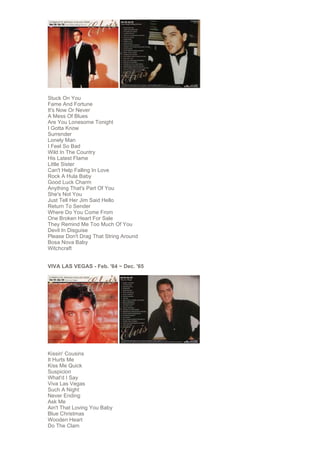 Stuck On You
Fame And Fortune
It's Now Or Never
A Mess Of Blues
Are You Lonesome Tonight
I Gotta Know
Surrender
Lonely Man
I Feel So Bad
Wild In The Country
His Latest Flame
Little Sister
Can't Help Falling In Love
Rock A Hula Baby
Good Luck Charm
Anything That's Part Of You
She's Not You
Just Tell Her Jim Said Hello
Return To Sender
Where Do You Come From
One Broken Heart For Sale
They Remind Me Too Much Of You
Devil In Disguise
Please Don't Drag That String Around
Bosa Nova Baby
Witchcraft


VIVA LAS VEGAS - Feb. '64 ~ Dec. '65




Kissin' Cousins
It Hurts Me
Kiss Me Quick
Suspicion
What'd I Say
Viva Las Vegas
Such A Night
Never Ending
Ask Me
Ain't That Loving You Baby
Blue Christmas
Wooden Heart
Do The Clam
 