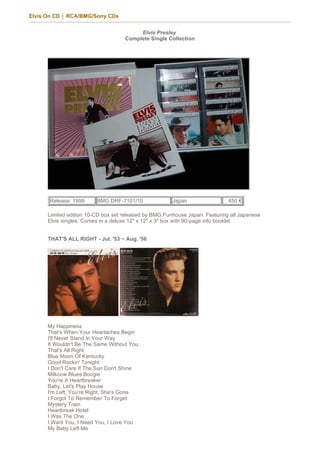 Elvis On CD │ RCA/BMG/Sony CDs


                                         Elvis Presley
                                    Complete Single Collection




      Release: 1999      BMG DRF-7101/10               Japan                 450 €

      Limited edition 10-CD box set released by BMG Funhouse Japan. Featuring all Japanese
      Elvis singles. Comes in a deluxe 12" x 12" x 3" box with 90-page info booklet.


      THAT'S ALL RIGHT - Jul. '53 ~ Aug. '56




      My Happiness
      That's When Your Heartaches Begin
      I'll Never Stand In Your Way
      It Wouldn't Be The Same Without You
      That's All Right
      Blue Moon Of Kentucky
      Good Rockin' Tonight
      I Don't Care If The Sun Don't Shine
      Milkcow Blues Boogie
      You're A Heartbreaker
      Baby, Let's Play House
      I'm Left, You're Right, She's Gone
      I Forgot To Remember To Forget
      Mystery Train
      Heartbreak Hotel
      I Was The One
      I Want You, I Need You, I Love You
      My Baby Left Me
 