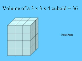 Volume of a 3 x 3 x 4 cuboid = 36 Next Page 