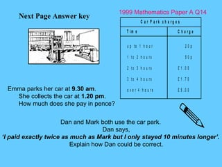1999 Mathematics Paper A Q14 Next Page Answer key Emma parks her car at  9.30 am . She collects the car at  1.20 pm . How much does she pay in pence? Dan and Mark both use the car park. Dan says, ‘ I paid exactly twice as much as Mark but I only stayed 10 minutes longer’. Explain how Dan could be correct. 