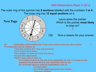 1999 Mathematics Paper A Q21a Next Page The outer ring of this spinner has  8 sections  labelled with the numbers  1 to 5 . The inner ring has  12 equal sections  on it. Laura spins the pointer. Which is the pointer  most likely  to stop on? 3 12b Give a reason for your answer.  (b) Explanation which implies that ‘3’ has more sections than any other number. 1 A comparison must be implied, eg · ‘3 has four sections but 1 has only got three’; · ‘The 3’s have more slices’; · ‘The triangles are more for 3 than the others’; · ‘It’s got more equal parts’; · ‘There’s more room to land on’. If no answer is given to 21a, but in the explanation for 21b, 3 is unequivocally implied as the answer for 21a, then award the  mark for 21a. Do not accept vague or arbitrary explanations such as · ‘3 comes twice’; · ‘It’s not the biggest but there’s two of them’; · ‘3 has four sections’. 
