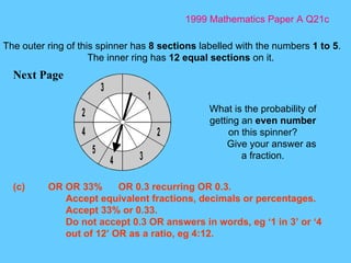 1999 Mathematics Paper A Q21c Next Page  The outer ring of this spinner has  8 sections  labelled with the numbers  1 to 5 . The inner ring has  12 equal sections  on it. What is the probability of getting an  even number  on this spinner? Give your answer as a fraction. (c) OR OR 33% OR 0.3 recurring OR 0.3. Accept equivalent fractions, decimals or percentages. Accept 33% or 0.33. Do not accept 0.3 OR answers in words, eg ‘1 in 3’ or ‘4 out of 12’ OR as a ratio, eg 4:12. 