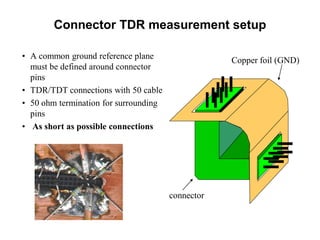 Connector TDR measurement setup
• A common ground reference plane
must be defined around connector
pins
• TDR/TDT connections with 50 cable
• 50 ohm termination for surrounding
pins
• As short as possible connections
connector
Copper foil (GND)
 