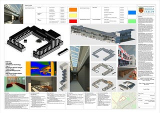 Floor Plans Ground Floor Plan
First Floor Plan
Roof Level Plan
Elevations &
Sections
External Elevations
Courtyard Elevations
Section Views
Section Views
TGD
Compliance
TGD M Compliance
TGD B Compliance Ground Floor
TGD B Compliance First Floor
General Arrangement Drawings
Drawing Legend
Details Sheets Wall Section A-A
Wall Section B-B
Window Details
Main Entrance Threshold Details
Intermediate Wall Details
Wall Details
Roof Light Connection & Ventilation Details
Energy Analysis/BREEAM Energy Analysis
Ground Floor Level BREEAM Compliance
Natural Ventilation
Sustainability Specific Drawings
GATPGF102
GATPFF103
GATPRL104
GATPEE105
GATPCE106
GATPSV107
GATPSV108
GATPTGDMC109
GATPTGDBC110
GATPTGDBC111
GATPWS112
GATPWS113
GATPWD114
GATPTD115
GATPIWD116
GATPWD117
GATPRLD118
GATPEA120
BCTPGF121
BCTPNV122
Axonometric Views GATPAV119
General Arrangement Drawings
Scale
LECTURER
Drawn by
Date
Project number
Institute of Technology Carlow
BSc. (Hons) in Architectural Technology
Year 4 2013-2014
1 : 1
Cover Sheet
2
Studio Thesis: School Building of
the Future
02-May-2014
Edel Fox
Noel Dunne, Sujana Sudhir
& Dan O' Sullivan
TPCS101
Edel Fox
C00146668
Architectural Technology
Year 4
Kingswood School Tallaght
Thesis Project
School Buildings Of The
Future
Noel Dunne, Sujana Sudhir
& Dan O' Sullivan
Specification:
Primary Structure – 300mm x 300mm reinforced
precast concrete columns to be placed at grid line
intersections as shown in the plan. 450mm x 500mm
edge beams and 600mm x 500mm inverted T beams
to be used to structurally support the flooring slabs.
Reinforcements to be in accordance with structural
engineers specifications and where possible to be
recycled steel.
Structural Foundations – Each primary structure
300mm x 300mm square precast concrete column to
be connected back to its own individual precast
concrete pocket foundation. Each precast concrete
column will vary in depth depending on the slope of
the ground beneath. The rest of the building is to be
structurally supported below by a reinforced raft
foundation. Steel reinforcements to be in
accordance with engineers specifications. The raft
foundation is to be wrapped around the precast
concrete columns.
Ground Floor Build Up – 50mm sand blinding to be
placed onto the ground, a layer of DPM is to be
lapped and sealed and placed above the sand
blinding, 100mm Expanded Polystyrene (EPS) rigid
foam insulation to create a continuous barrier which
will eliminate cold bridges around the foundation.
Then a structural raft foundation is to be put in place
with reinforcements to be in accordance with
engineer’s specifications, and the cast in situ
concrete to be in accordance with BS EN 1992-1-
2:2004. Followed with a layer of 100mm structural
screed topping, finished with either a layer of 60mm
terrazzo floor finish or a vinyl floor finish depending
on the room use.
Intermediate Floor Build Up – The main structure
of the floor is made up of 200mm precast concrete
hollowcore flooring slabs in accordance with BS EN
1992-1-2:2004. This is followed by a layer of 100mm
structural screed which casts the rebars into place
tying the hollowcore flooring slabs back to the
precast concrete edge beams. The floor is finished
with either a layer of 60mm terrazzo floor finish or a
vinyl floor finish depending on the room use.
Roof Build Up – The main structure of the roof is
made up of 200mm precast concrete hollowcore
slabs in accordance with BS EN 1992-1-2:2004. This
is followed by a layer of 100mm structural screed
which casts the rebars into place tying the hollowcore
flooring slabs back to the precast concrete edge
beams. This is followed by a vapour control layer
applied directly to the structural screed. Followed by
a layer of 150mm Expanded Polystyrene (EPS) rigid
foam insulation, to eliminate cold bridges along the
roof deck. Applied directly to the insulation is a
waterproofing membrane to stop water penetration.
The roof is finished with a layer of single ply EDPM
waterproofing membrane.
External Wall Build Up – From Exterior: 8mm
external render finish applied directly onto mesh
reinforcement, mesh reinforcement to apply render
finish to, 12mm cement particle board fixed @ 600mm
c/c, 200mm x 100mm steel U-channels fixed back to
the precast concrete wall panels @ 600mm c/c put in
place to support the cement particle board, with
200mm expanded polystyrene (EPS) rigid foam
insulation in between, finished with 200mm solid wall
precast concrete panels in accordance with BS EN
1992-1-2:2004 with an exposed internal finish.
Internal Wall Build Up – Stud Partition: Double
layer of 12.5mm gyproc board fixed back to 75mm
steel c channels with 75mm mineral wool insulation in
between, finished with a double layer of gyproc board
with a minimum of a 60min Fire Rating.
Blockwork: 200mm Exposed Polished Finish
Blockwork Partition Wall with a minimum of a 60min
Fire Rating.
General Notes:
-All works to comply with current building regulations and code of practice.
-All works must be done to the satisfaction of the building control officer.
-All dimensions in mm unless otherwise noted.
-Drawings must not be scaled, written dimensions must be followed.
-Primary structure precast concrete columns to be placed on the intersection of grid
lines as shown.
- Primary structure precast concrete beams to span along gridlines and to be cast in
place with a precast concrete column above and below.
-External walls not placed along gridlines, walls to be placed to the outer face of the
precast concrete column unless otherwise stated.
-Internal walls of the sports hall to be placed in between the precast concrete columns
as indicated on the plan.
-Primary structure precast concrete columns and beams to be in accordance with BS
EN 1992-1-2:2004.
-Solid wall precast concrete panels to be in accordance with BS EN 1992-1-2:2004.
-Precast concrete for lift shaft and stair shaft to comply with BS EN 1992-1-2:2004.
-Lift and stair shaft to be 60min fire proof including access doors.
-All escape fire doors to be 60min fire rated and fitted with automatic closers.
-Floor finish to be non-slip vinyl flooring and terrazzo flooring.
-Entrance area to have a minimum level landing within 1800mm of entrance door.
Curtain Walling Specification:
Curtain Wall CW 50
-Manufacturer: Reynaers Ltd
-Product reference: Curtain Wall CW 50 Standard
/Curtain Wall CW 50-FP EW 30
/Curtain Wall CW 50-FP EW 60 /Curtain Wall CW
50- HL /Curtain Wall CW 50-RA
-Internal framing member: Extruded aluminium
- Finish: Anodized /Polyester powder coated
- Colour: White
-External cover cap: Extruded aluminium
- Finish: Anodized /Polyester powder coated
- Colour: White
-Windows: Fixed light (CW50-FP) /Glazed in windows
- Configuration: Horizontal pivot /Parallel opener
/Side hung /Tilt and turn /Top hung
-Glazing: Insulating glass units /Single glazed panes
-Glazing system: Dry glazed gasket
Window Specification:
Windows – Aluminium – Clad Timber – Manufacturer - Carlson
-Glass – Double glazing with low E glass – argon filled- thermal
conductivity 1.0 W/m²k
Toughened safety glass for windows installed below
800mm above ground level
-Frame – Internal: Softwood thermal conductivity 0.13 W/m²k in
accordance with ISO 10077-2:2003
External: Recycled aluminium
-Overall U-value of 1.35W/m²k achieving an A rating
-Manufactured to comply with BS 644:2012
-Weather performance must be tested in accordance with BS
6375-1
-Security performance must be tested to BS EN 1627-1630
Door Specification:
Doors – System – Reynaers CS 86 – HI Highly Energy
Efficient
Glass - Double glazing with low E glass – argon filled-
thermal conductivity 1.0 W/m²k
Toughened safety glass for glass panes installed
below 800mm above ground level
Frame – Aluminium inward opening flush door 68mm
Vent – 76mm
U-Value – 1.35W/m²k achieving an A rating
Thermal insulation must be tested in accordance with EN
ISO 10077-2
Acoustic performance must be tested in accordance with
EN ISO 140-3, EN ISO 717-1
Burglar resistance must be tested in accordance with NEN
5096-ENV1627
Solar Shading Specifications:
-Colt shadovoltaic solar shading system
with integrated photovoltaic cells into the
glass louvres
-Manufacturer: Colt
-Carrier system 4
-Metal frame coating in a weatherproof
white paint
-Glass to span in lengths of 1000mm
-Glass to span in widths of 600mm
-Angle of rotation 0-85°
Controls:
-Electronically operated via actuators
-SolTronic controls to be used
Aircool Ventilators Specifications:
-Manufacturer: Passivent
-Frame and external weather lourves:
extruded aluminium, with ABS thermal break
-Insect screen 4mm black polypropylene
-Internal cover grille: extruded aluminium
-Size: 1200mm x 1200mm x 180mm
-White polyester coated
-Class 1 fire rating in accordance with BS 476:
Part 7: 1987
-Weather performance in accordance with BS
EN 13030: 2001
-Air leakage performance in accordance with
BS 6375: Part 1: 1989
-Controls: 24V modulating actuators, control
sensors to be put in place to consider
temperature, CO₂, humidity and wind
 