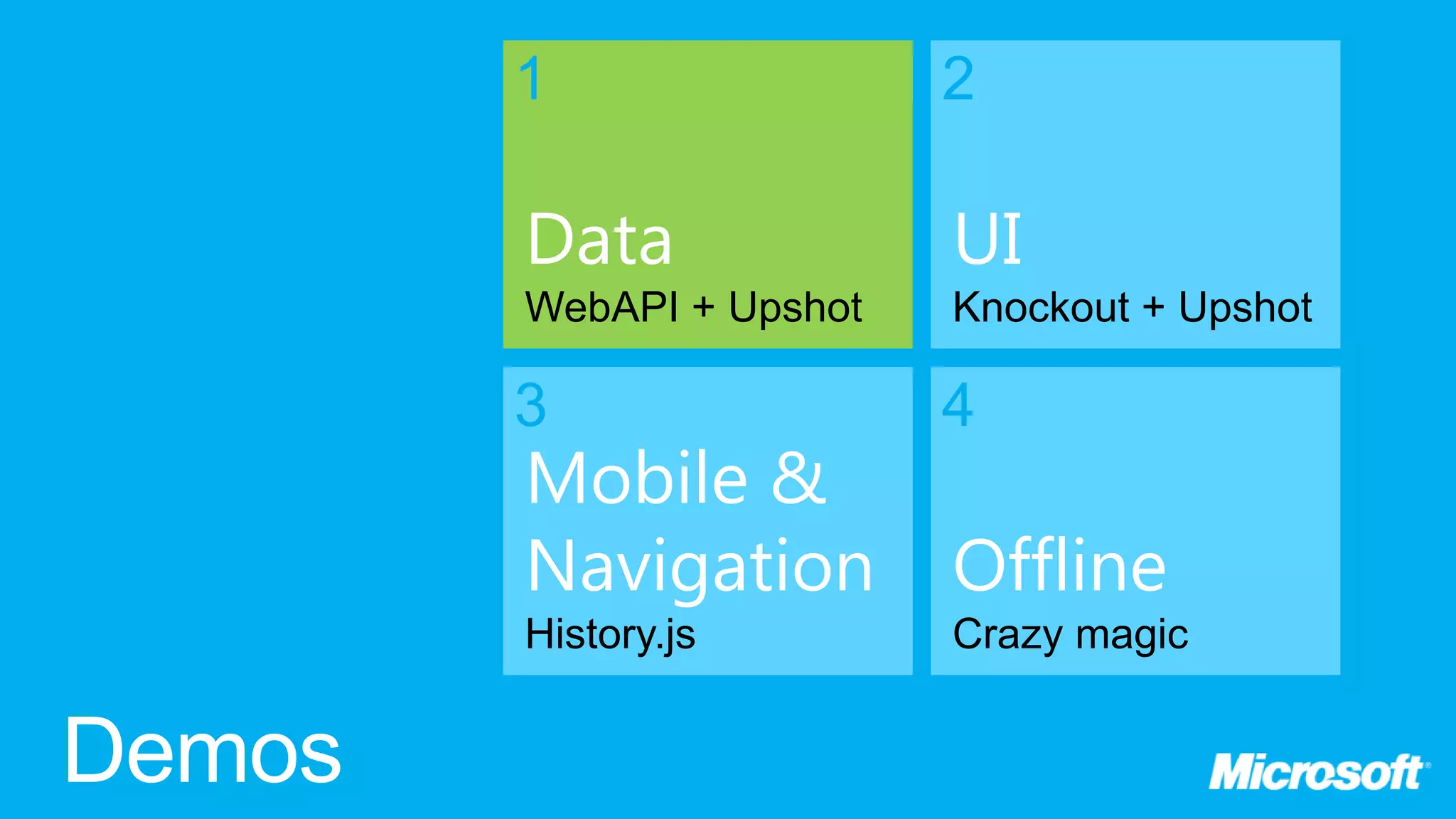 1 2 Data UI WebAPI + Upshot Knockout + Upshot 3 4 Mobile & Navigation Offline History.js Crazy magic 