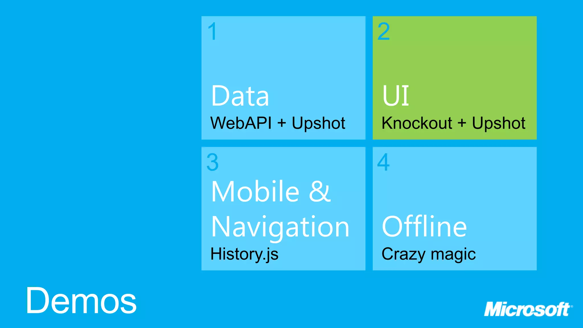 1 2 Data UI WebAPI + Upshot Knockout + Upshot 3 4 Mobile & Navigation Offline History.js Crazy magic 