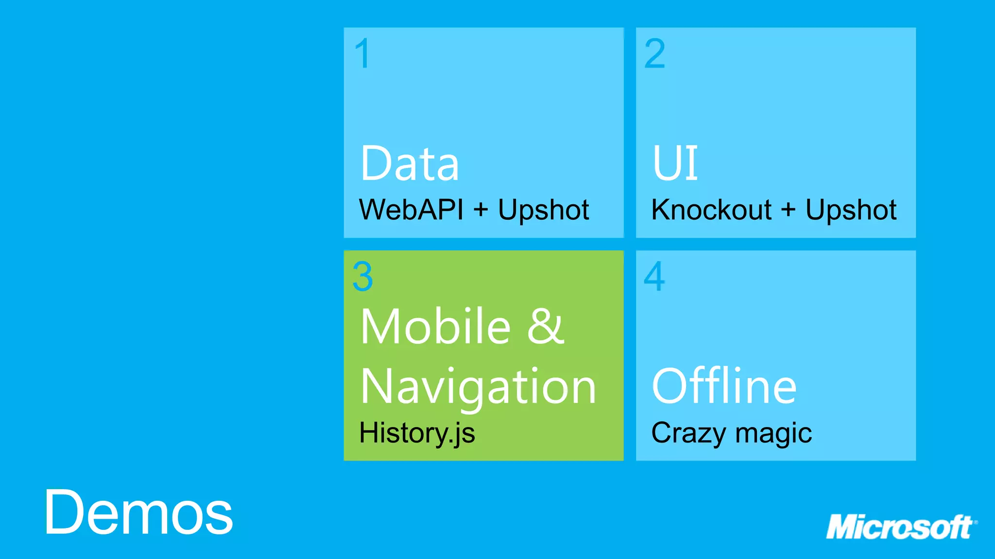 1 2 Data UI WebAPI + Upshot Knockout + Upshot 3 4 Mobile & Navigation Offline History.js Crazy magic 