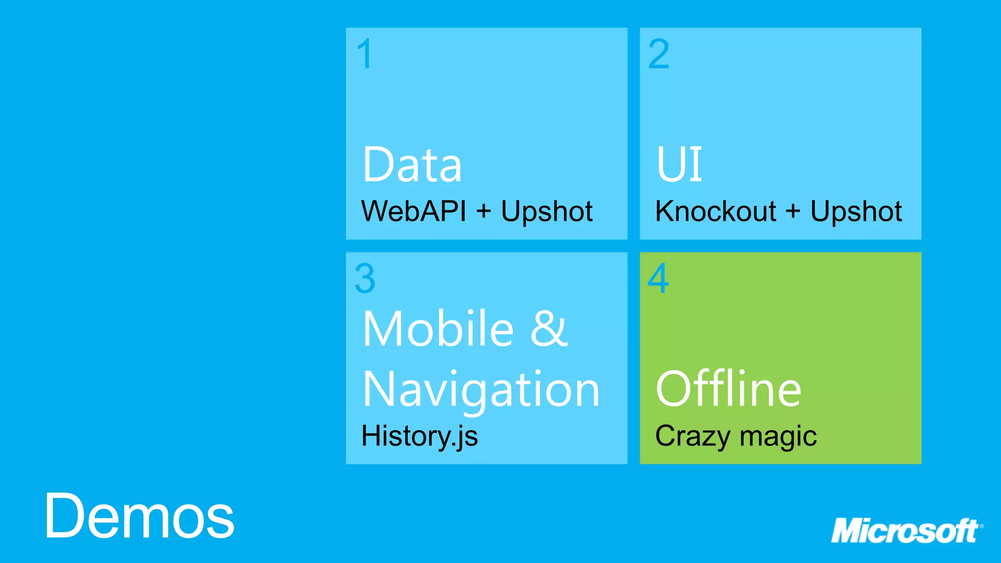 1 2 Data UI WebAPI + Upshot Knockout + Upshot 3 4 Mobile & Navigation Offline History.js Crazy magic 