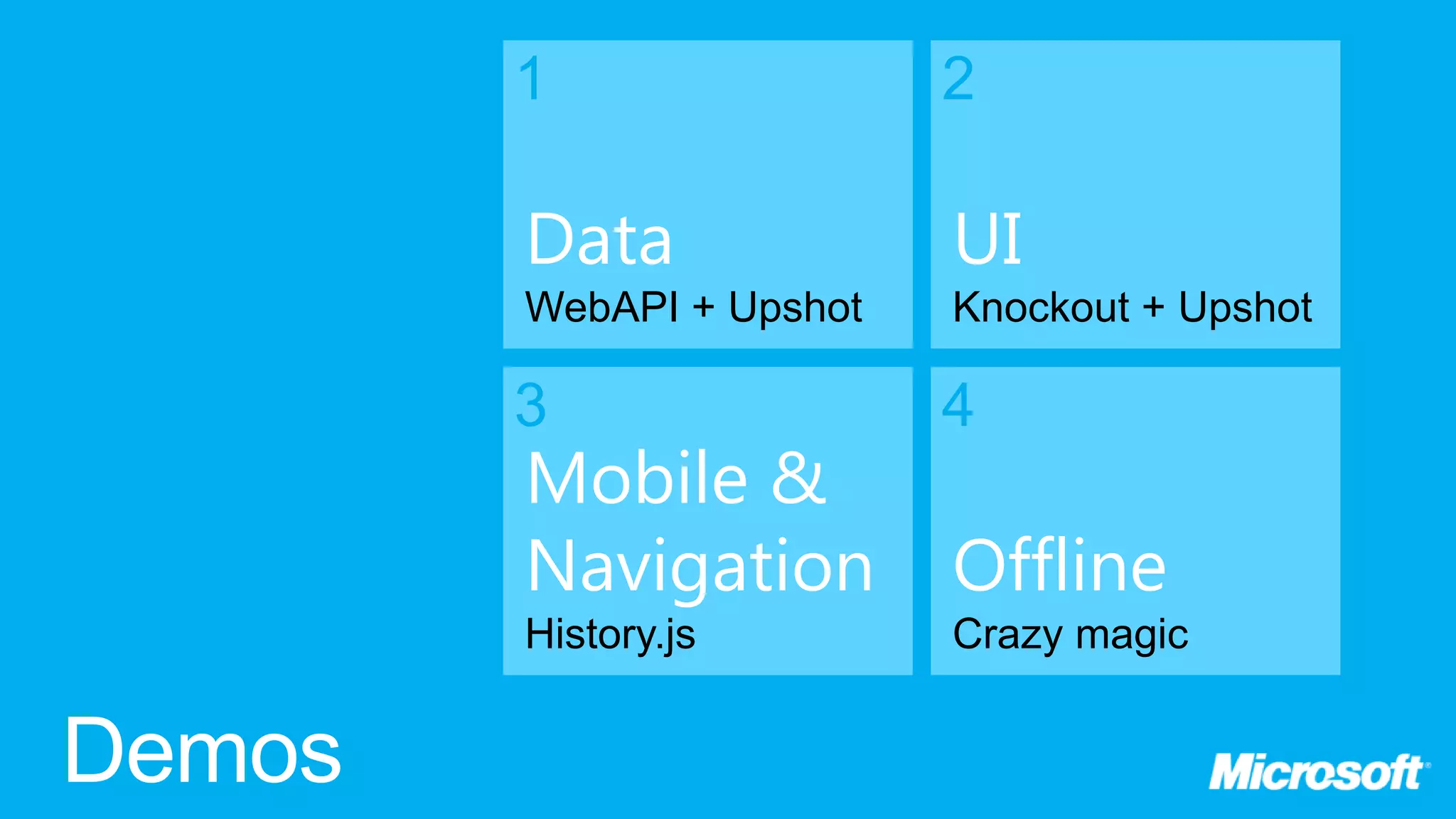 1 2 Data UI WebAPI + Upshot Knockout + Upshot 3 4 Mobile & Navigation Offline History.js Crazy magic 