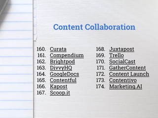 Content Collaboration
160. Curata
161. Compendium
162. Brightpod
163. DivvyHQ
164. GoogleDocs
165. Contentful
166. Kapost
...