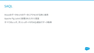 SAQL
​Waveのデータセットのデータにアクセスする時に使用
​Apache Pig Latinに影響されたクエリ言語
​すべてのレンズ、ダッシュボードがSAQL経由でデータ取得
 