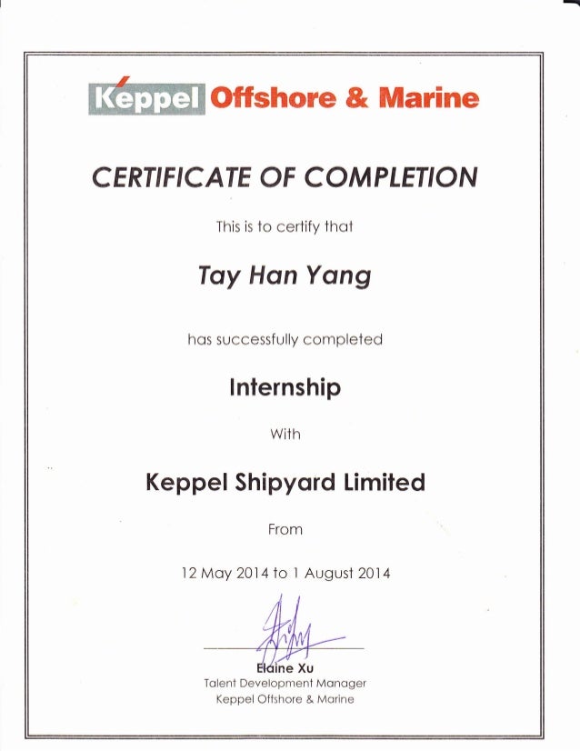 Certificate Of Completion (Internship with Keppel Shipyard Limited)