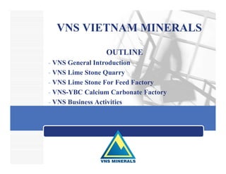 LOGO
VNS VIETNAM MINERALS
OUTLINE
- VNS General Introduction
- VNS Lime Stone Quarry
- VNS Lime Stone For Feed Factory
- VNS-YBC Calcium Carbonate Factory
- VNS Business Activities
 