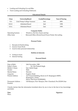 • Loading and Unloading Car and Bike.
• Train Loading and Unloading Outbound.
Educational Details
Class University/Board Grade/Percentage Year of Passing
B.A Udai Pratap College Varanasi 2nd 2001
H.S.C. Allahabad Board 2nd 1998
S.S.C. Allahabad Board 2nd 1995
Computer Skills:
Operating Systems : Windows, Dot Net, Oracle and Sap.
Office Suite : Microsoft Office (Word/Excel/Power Point), Net surfing.
Personal Traits:
• Dynamic & Hardworking
• Good in Team Work
• Good in Inter personal relationship
Hobbies & Interests:
• Listing to music
• Internet Surfing
Personal Detail:
Date of Birth : 16th November, 1980
Father’s Name : Sri. Om Prakash Singh.
Mother’s Name : Smt. Sabitri Singh.
Gender : Male.
Marital Status : Married.
Linguistic : English, Hindi
Present Address : Ast Vinayak Building, Room no 67, Ranjangaon MIDC,
Ranjangaon, Taluka
Shirur, Dist-Pune-412209(MH)
Permanent Address : Vill-Ranepur, Post- Ranepur, Dist- Chandauli, Pin-232108 Uttar
Pradesh.
I hereby declare that the information furnished above by me is true to the best of my knowledge
and belief.
Date: Signature
Place:
 
