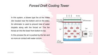 22/02/2022 Humidification and Cooling Tower 11
Forced Draft Cooling Tower
In this system, a blower type fan at the intake
(fan located near the bottom and on the side).
An eliminator is used to prevent loss of water
droplets along with the forced air. The fan
forces air into the tower from bottom to top.
In this process the air is pushed by the fan and
so more air contact with water occurs.
 