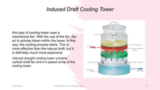22/02/2022 Humidification and Cooling Tower 12
Induced Draft Cooling Tower
this type of cooling tower uses a
mechanical fan. With the use of the fan, the
air is actively blown within the tower. In this
way, the cooling process starts. This is
more effective than the natural draft, but it
is definitely much more expensive.
induced draught cooling tower contains
vertical shaft fan and it is placed at top of the
cooling tower.
 