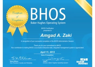 Amgad A. Zaki
Steve Ellison
Vice President, Quality and Reliability
Jing Li
Director, Baker Hughes Operating System
Date of Completion
April 11, 2013
BHOS Certification
presented to
In recognition of your successful completion of the BHOS Administration Session.
Thank you for your commitment to BHOS.
Your contribution to making BHOS a successful enterprise-wide, integrated management system is appreciated.
 