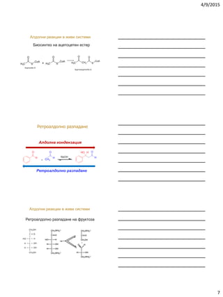 4/9/2015
7
Алдолни реакции в живи системи
+
АцетилКо А
АцетилацетатКо А
Биосинтез на ацетоцетен естер
Ретроалдолно разпадане
Алдолна кондензация
Ретроалдолно разпадане
Алдолни реакции в живи системи
Ретроалдолно разпадане на фруктоза
 